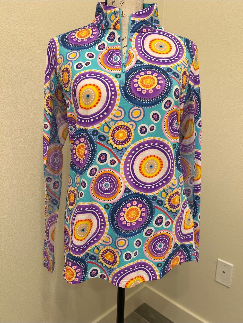 IBKUL Mock 1/4 Zip Pullover - Turquoise Multi Print Athletic Top